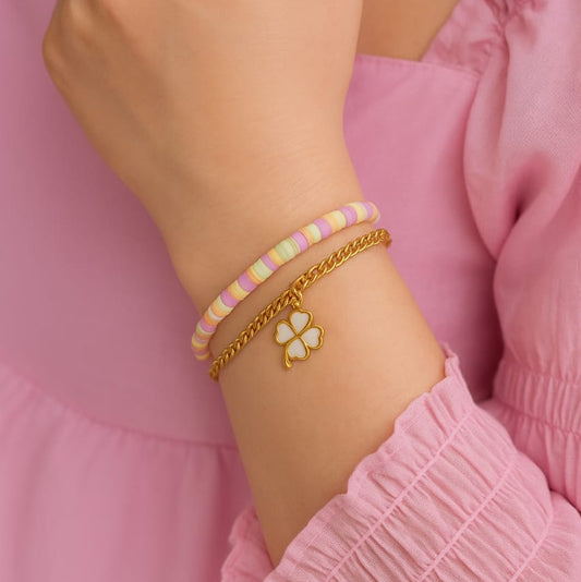 Lucky Clover Charm & Pastel Beaded Layered Bracelet