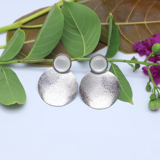 Textured Silver Disc Earrings with White Stone Accent