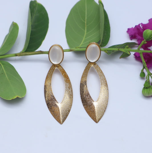 Gold-Tone Leaf Drop Earrings with White Stone Charm