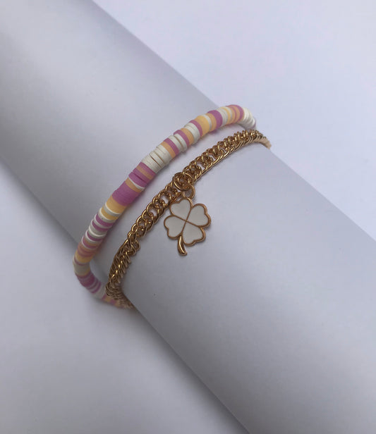 Lucky Clover Charm & Pastel Beaded Layered Bracelet